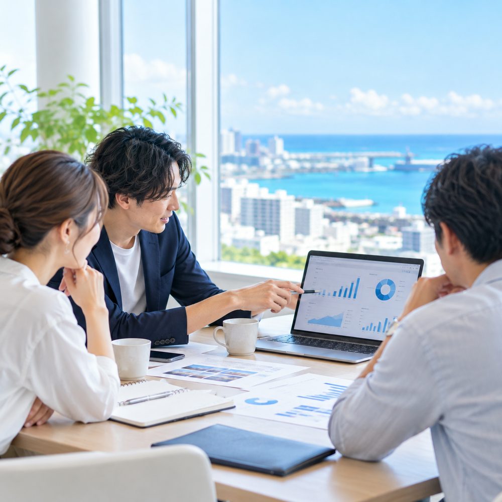 沖縄の海が見えるオフィスで、ノートパソコンのグラフを見ながら事業計画を話し合う様子